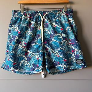 PacSun WeSC Men’s Swim Trunks Shorts Large Blue Koi Fish Asian Waves Beach Ocean